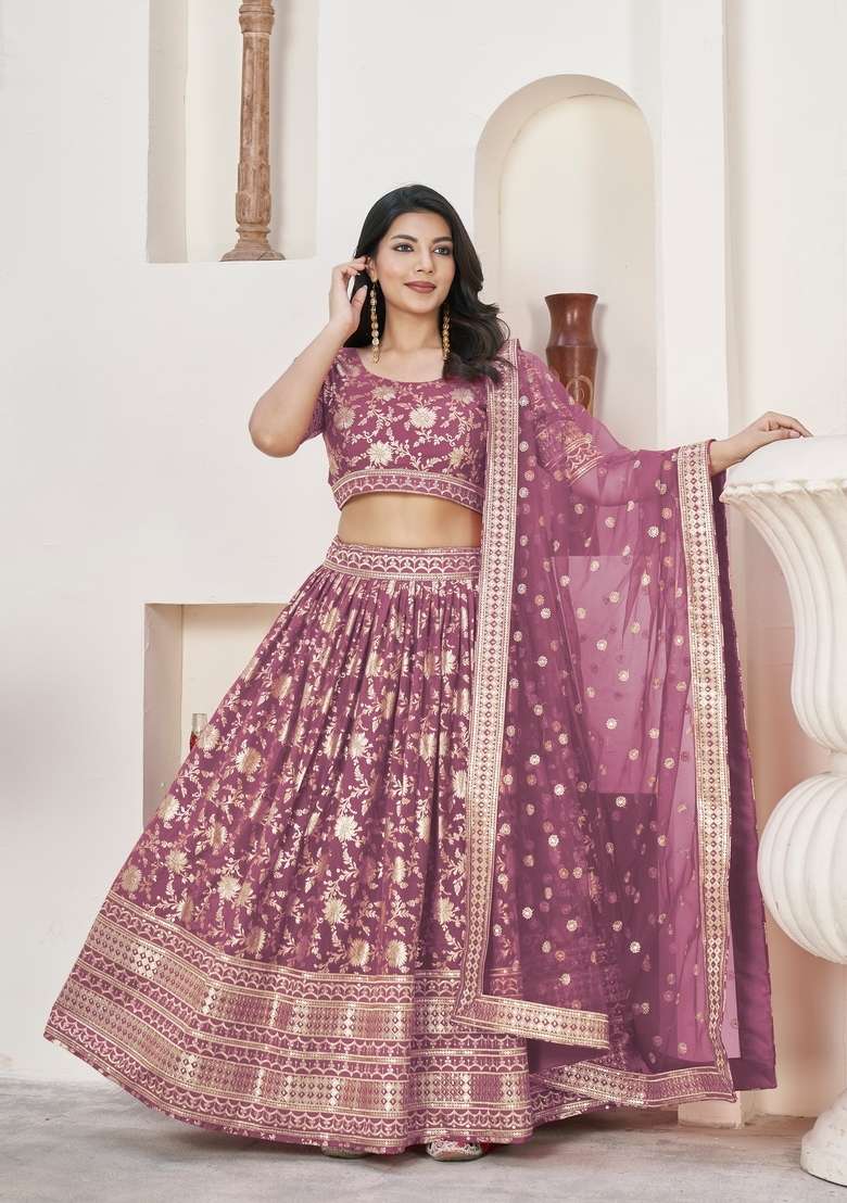 Rosy Brown Embroidery Work Dola Jacquard Lehenga Set for Diwali and Festive Wear - Indya
