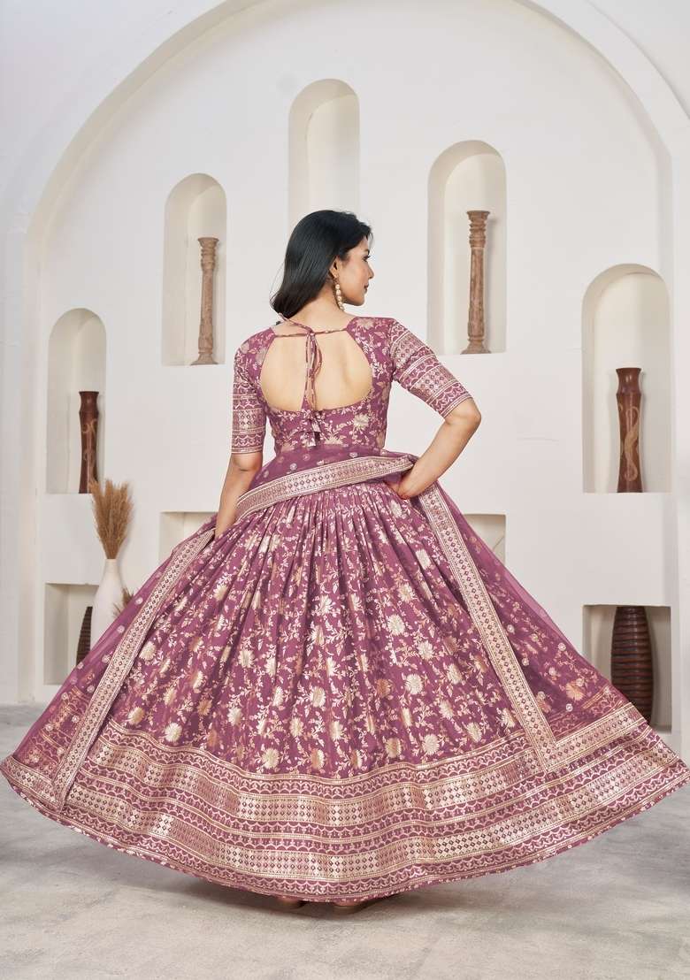 Rosy Brown Embroidery Work Dola Jacquard Lehenga Set for Diwali and Festive Wear - Indya