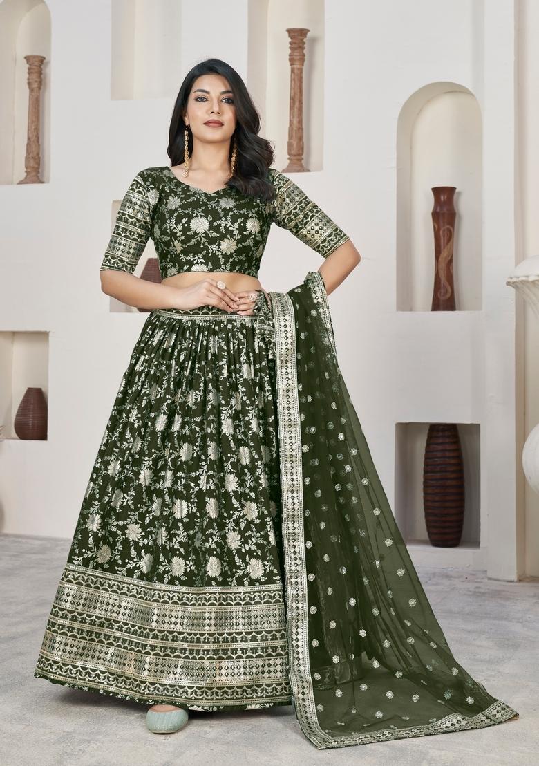 Mahendi Embroidery Work Dola Jacquard Lehenga Set
