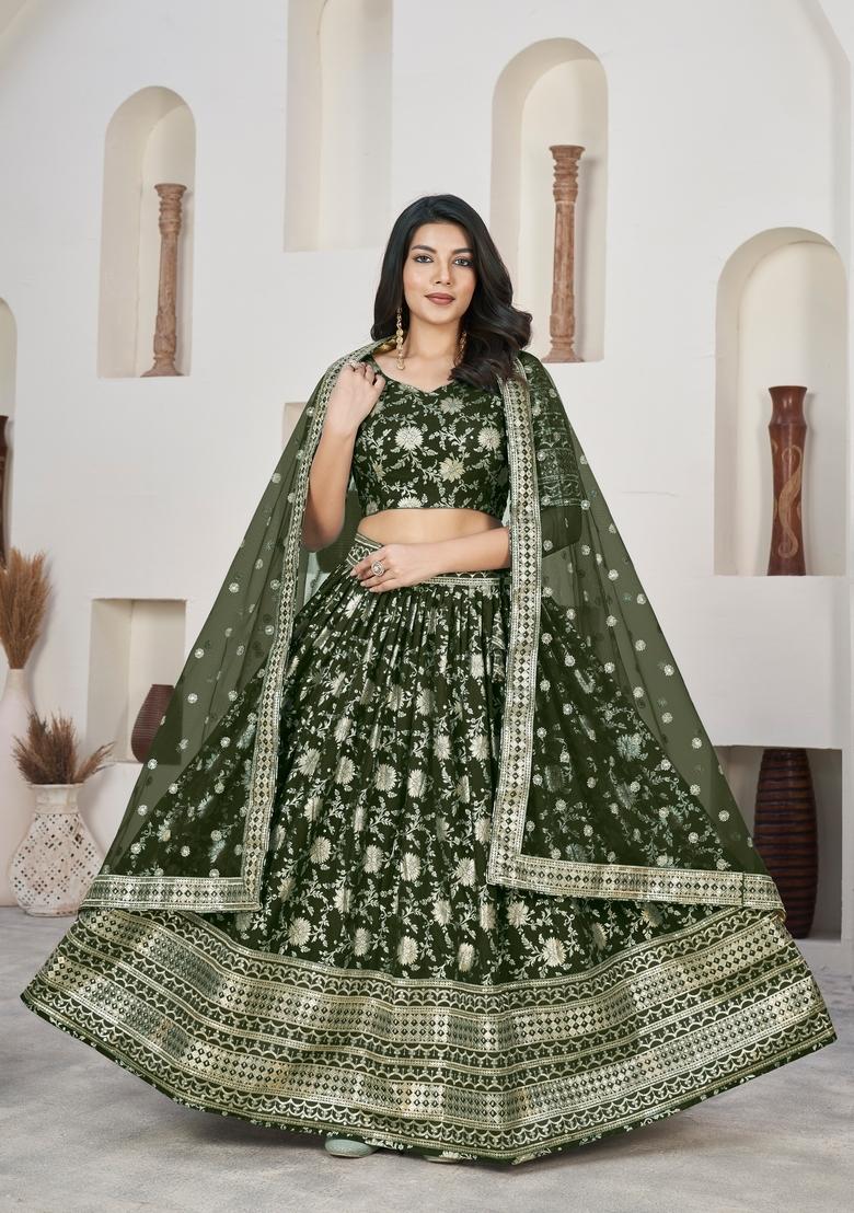 Mahendi Embroidery Work Dola Jacquard Lehenga Set