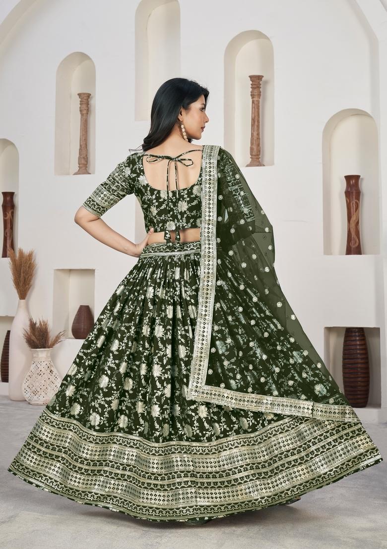 Mahendi Embroidery Work Dola Jacquard Lehenga Set - Indya