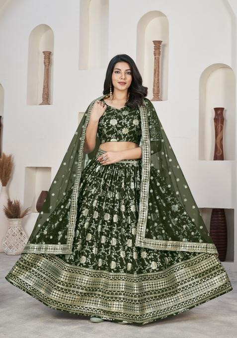 Mahendi Embroidery Work Dola Jacquard Lehenga Set