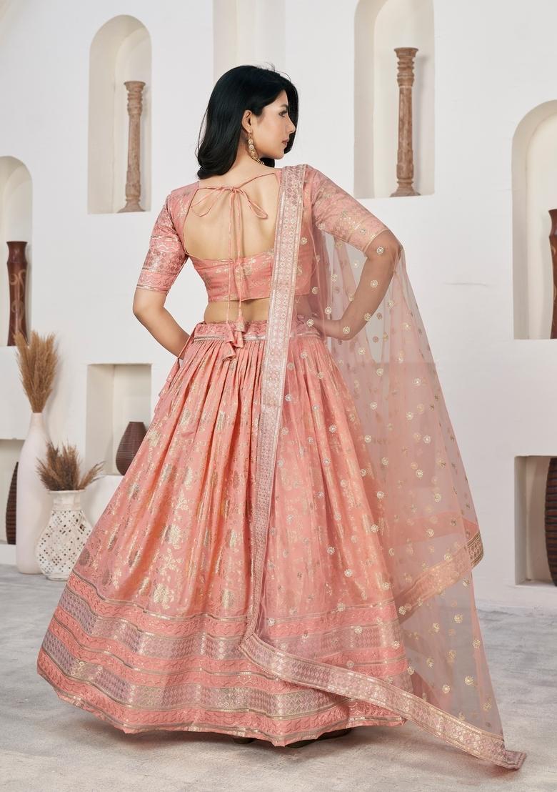 Peach Embroidery Work Dola Jacquard Lehenga Set - Indya
