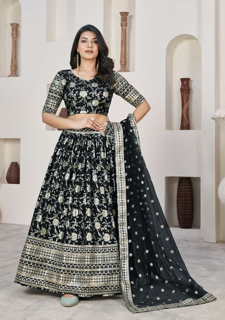 Black Embroidery Work Dola Jacquard Lehenga Set for Diwali and Festive Wear - Indya