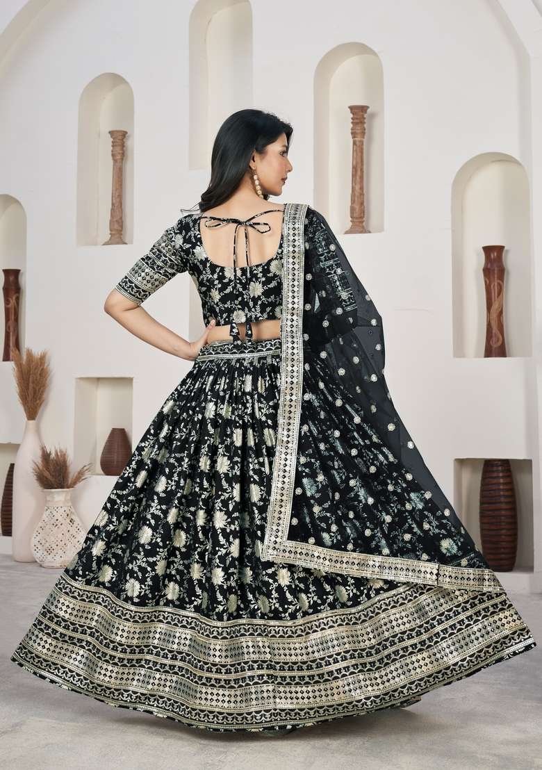 Black Embroidery Work Dola Jacquard Lehenga Set for Diwali and Festive Wear - Indya