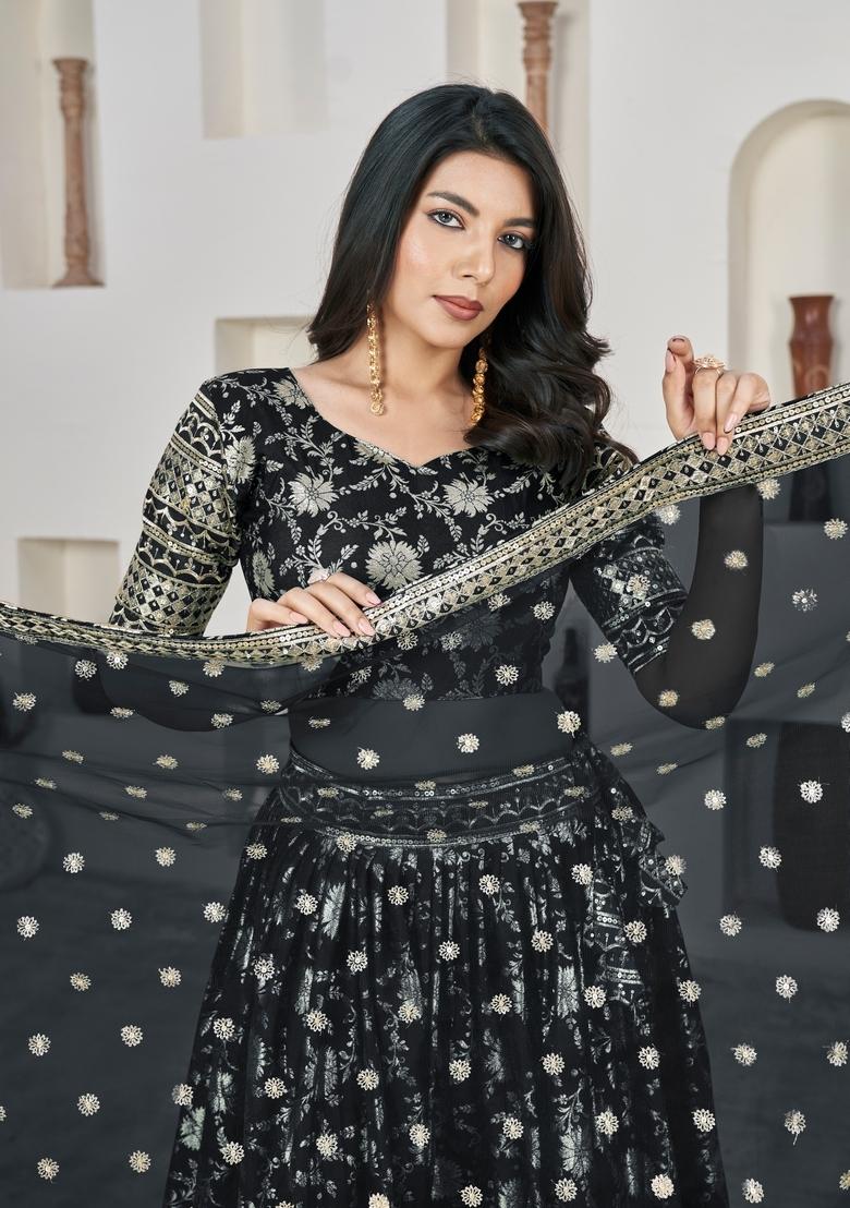 Black Embroidery Work Dola Jacquard Lehenga Set - Indya