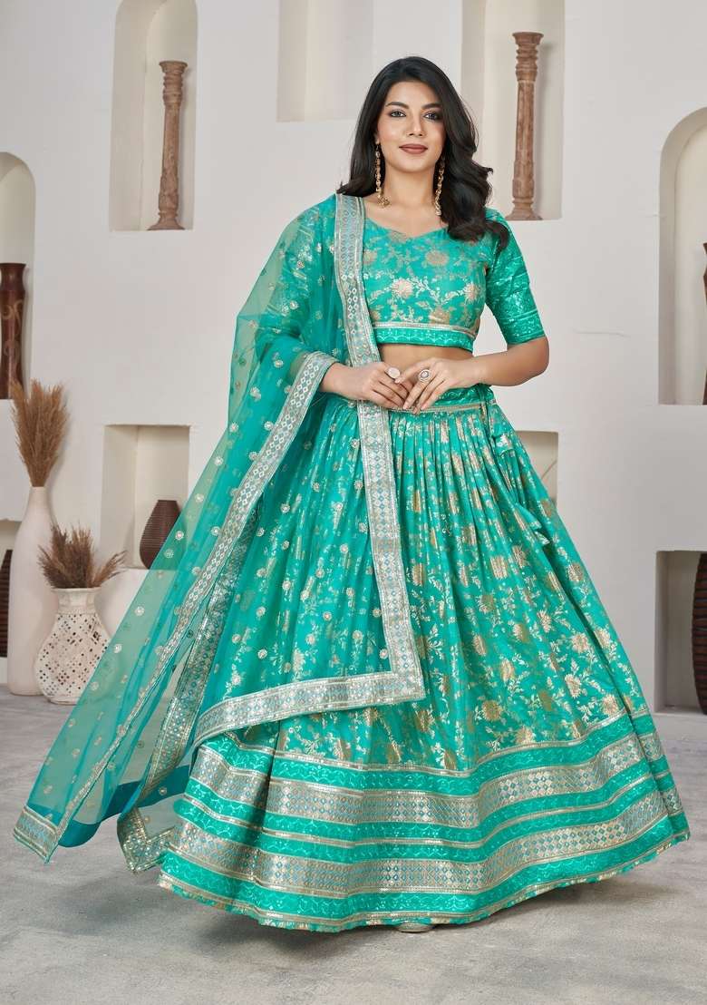 Green Work Dola Jacquard Lehenga Set with Embroidery for Diwali | Wedding & Festive Wear - Indya