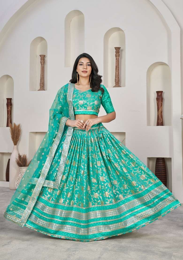 Green Work Dola Jacquard Lehenga Set with Embroidery for Diwali | Wedding & Festive Wear - Indya