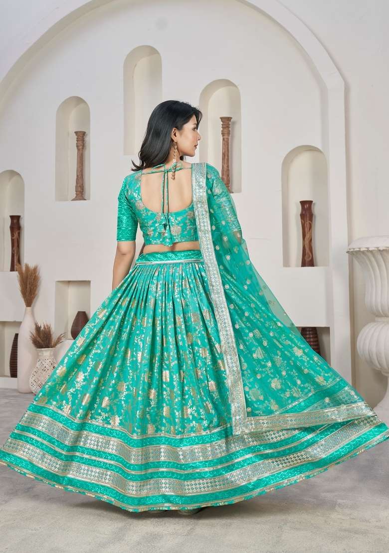 Green Work Dola Jacquard Lehenga Set with Embroidery for Diwali | Wedding & Festive Wear - Indya