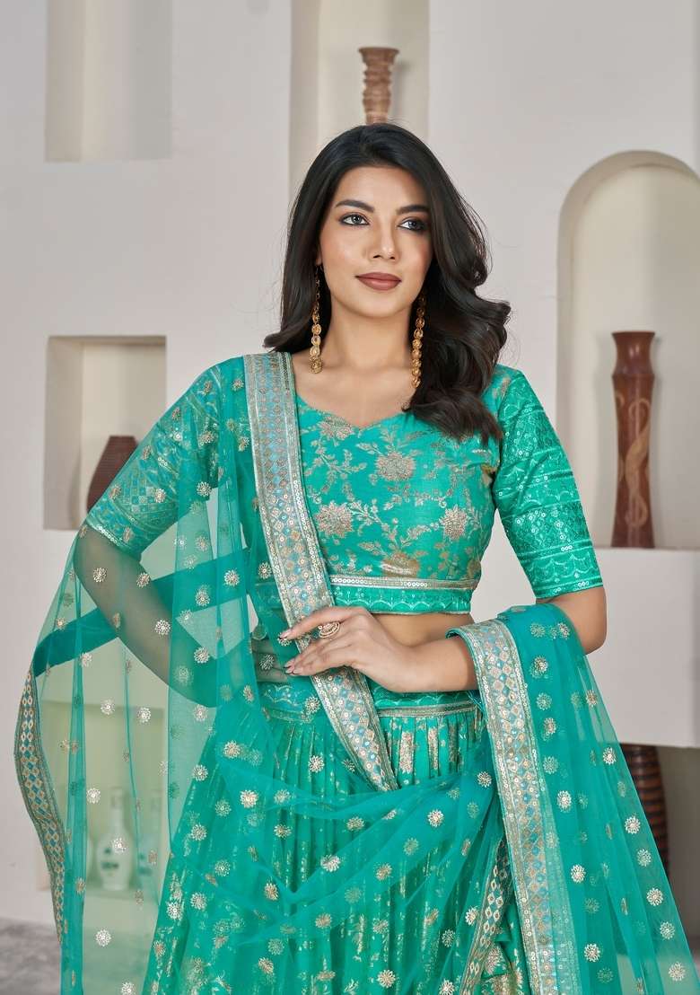 Green Work Dola Jacquard Lehenga Set with Embroidery for Diwali | Wedding & Festive Wear - Indya