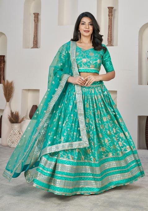 Green Embroidery Work Dola Jacquard Lehenga Set