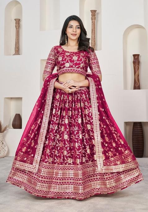 Rani Embroidery Work Dola Jacquard Lehenga Set