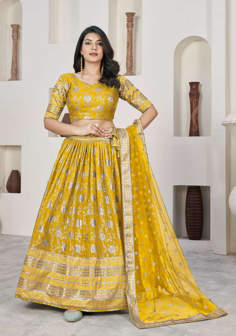 Yellow Embroidery Work Dola Jacquard Lehenga Set for Diwali and Festive Wear - Indya