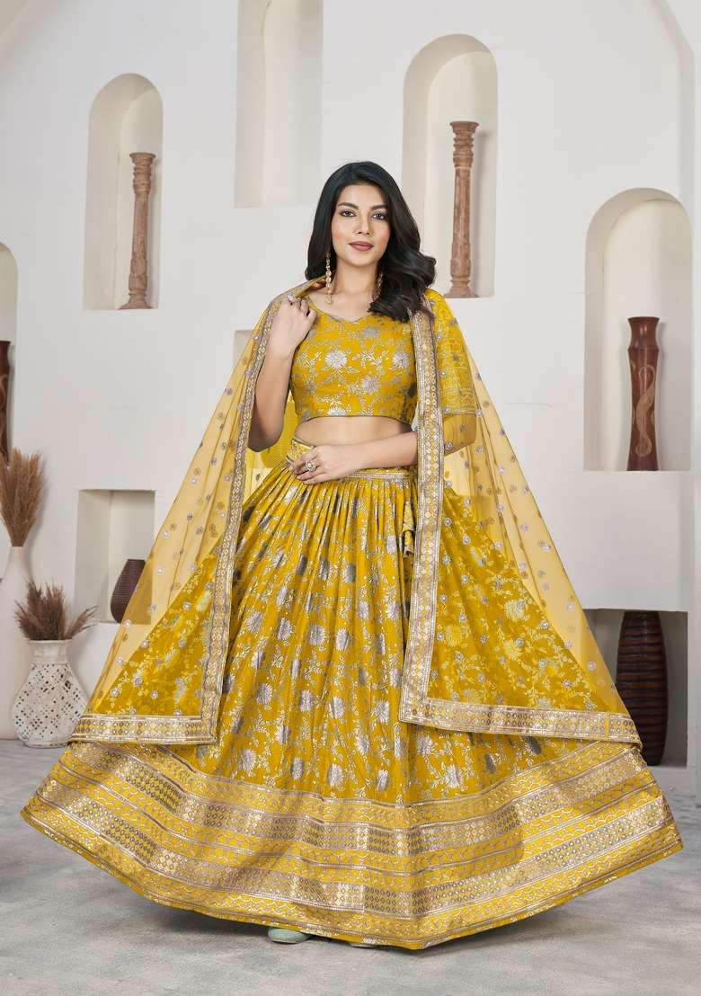 Yellow Embroidery Work Dola Jacquard Lehenga Set for Diwali and Festive Wear - Indya