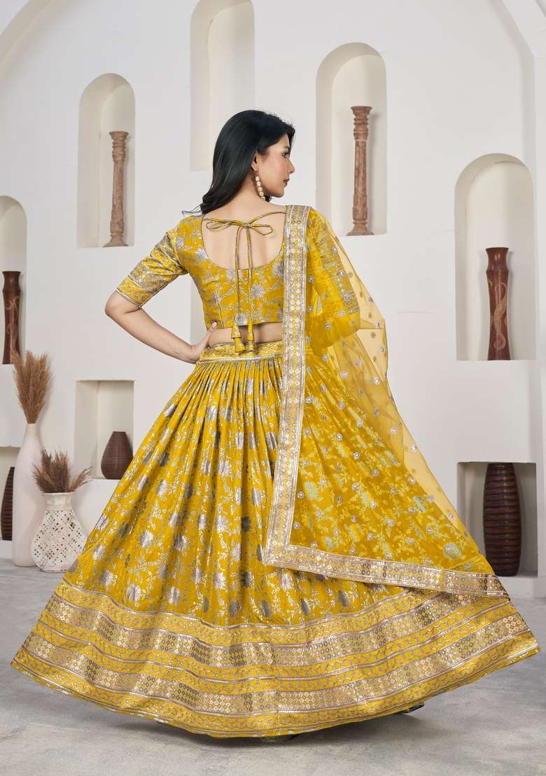 Yellow Embroidery Work Dola Jacquard Lehenga Set for Diwali and Festive Wear - Indya
