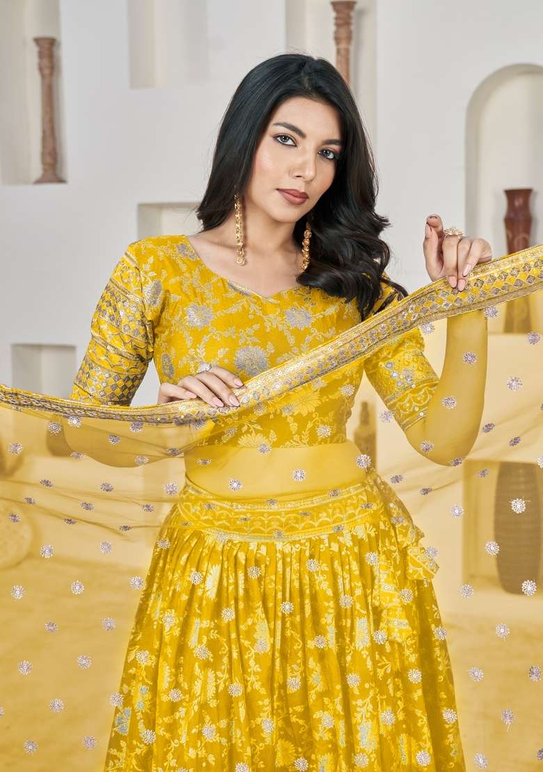 Yellow Embroidery Work Dola Jacquard Lehenga Set for Diwali and Festive Wear - Indya