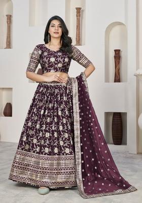Wine Embroidery Work Dola Jacquard Lehenga Set