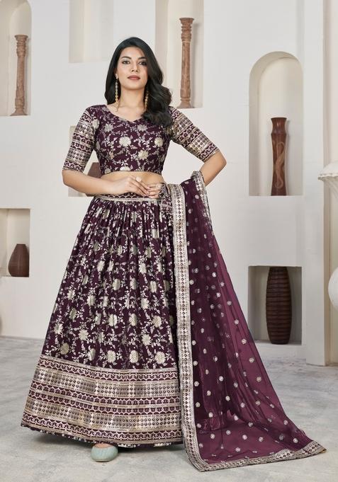 Wine Embroidery Work Dola Jacquard Lehenga Set