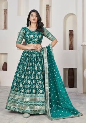 Rama Embroidery Work Dola Jacquard Lehenga Set