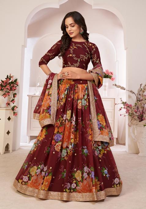 Maroon Embroidery Work Georgette Lehenga Set