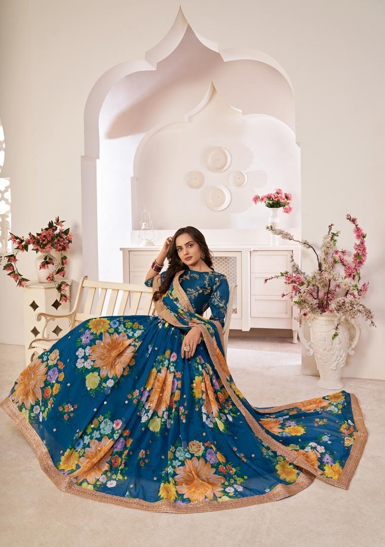 Rama Embroidery Work Georgette Lehenga Set