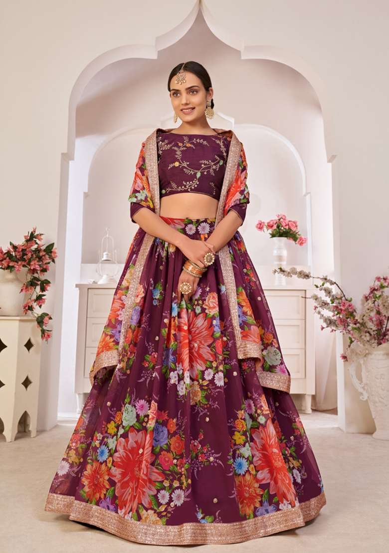 Wine Embroidery Work Georgette Lehenga Set for Diwali and Festive Wear - Indya