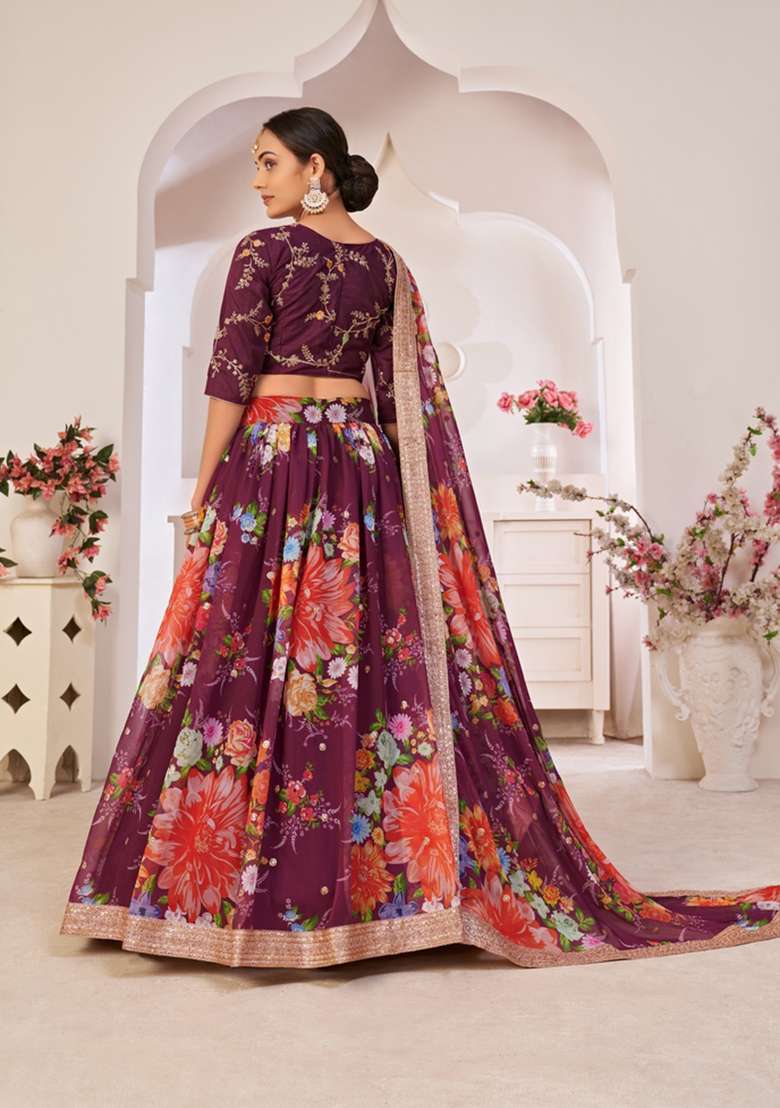 Wine Embroidery Work Georgette Lehenga Set for Diwali and Festive Wear - Indya