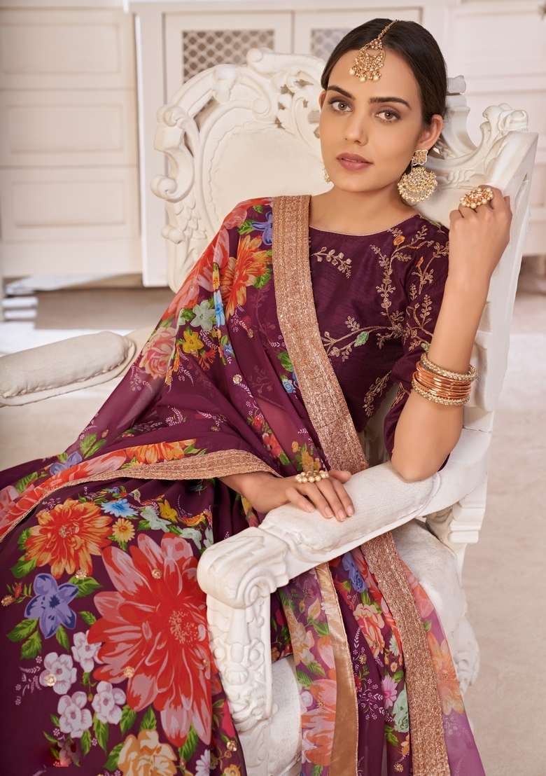 Wine Embroidery Work Georgette Lehenga Set for Diwali and Festive Wear - Indya