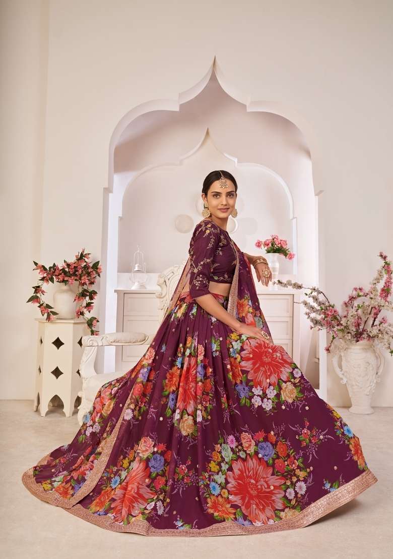 Wine Embroidery Work Georgette Lehenga Set for Diwali and Festive Wear - Indya