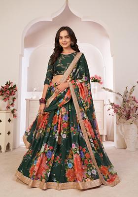 Green Embroidery Work Georgette Lehenga Set