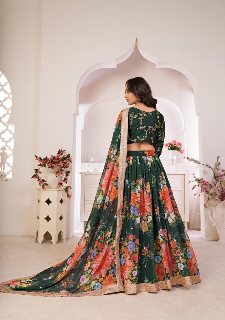 Green Embroidery Work Georgette Lehenga Set - Indya