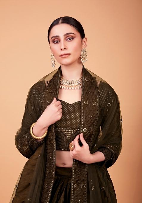 Mahendi Embroidery Work Silk Lehenga Set