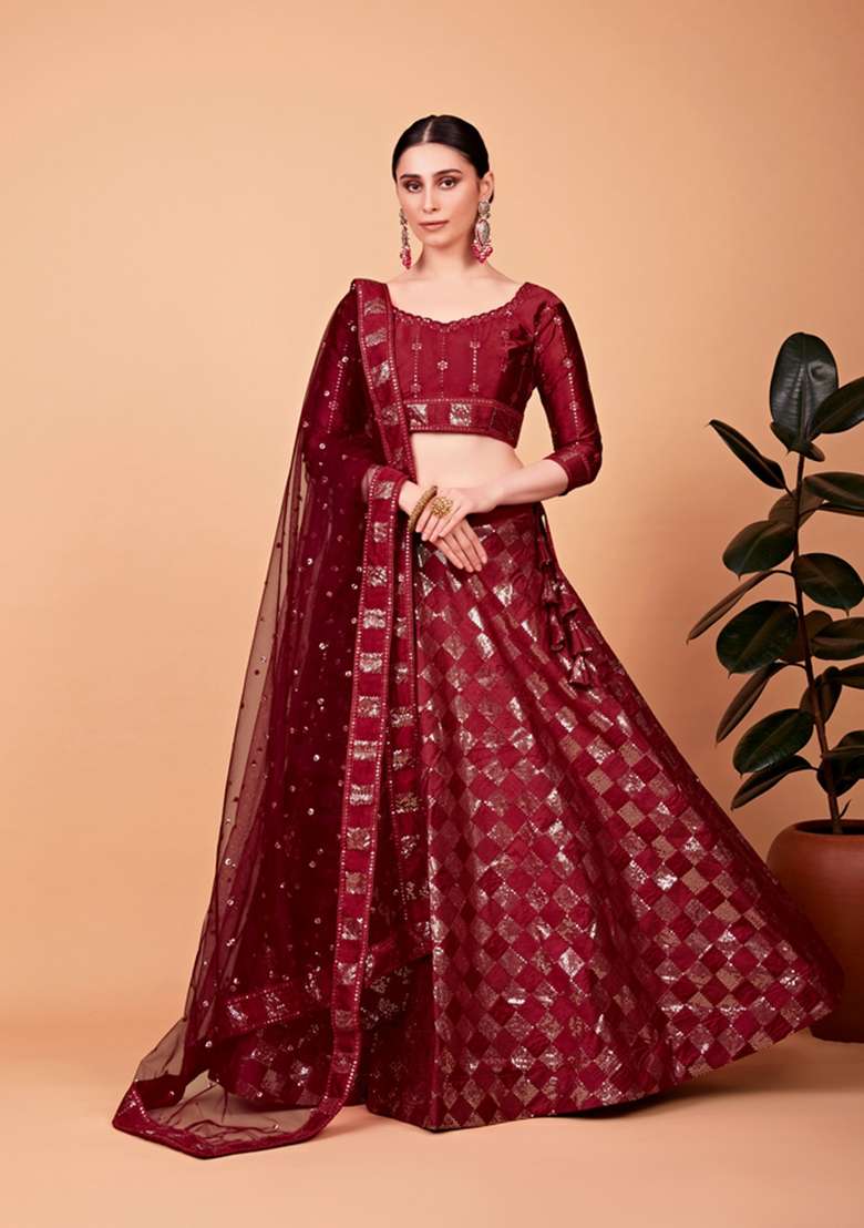 Red Work Silk Blend Lehenga Set with Embroidery for Diwali | Wedding & Festive Wear - Indya