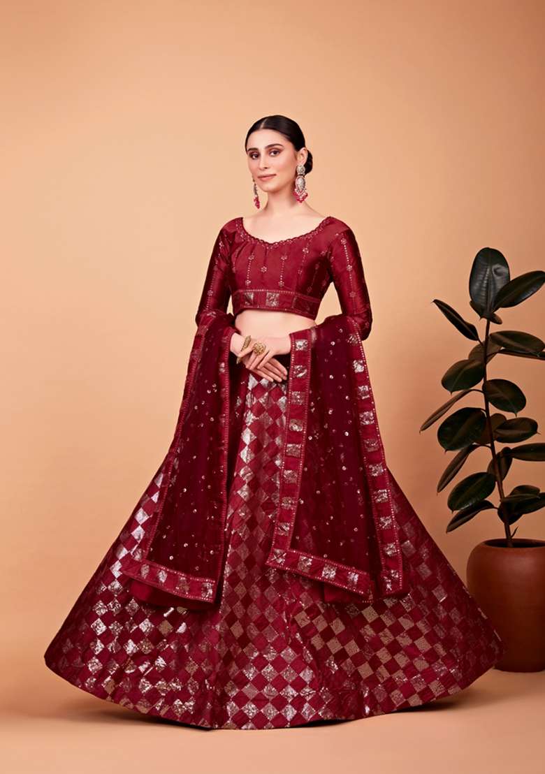 Red Work Silk Blend Lehenga Set with Embroidery for Diwali | Wedding & Festive Wear - Indya