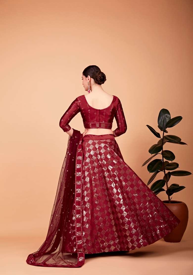 Red Work Silk Blend Lehenga Set with Embroidery for Diwali | Wedding & Festive Wear - Indya