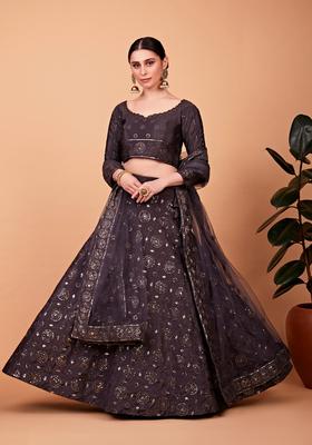 Grey Embroidery Work Silk Lehenga Set