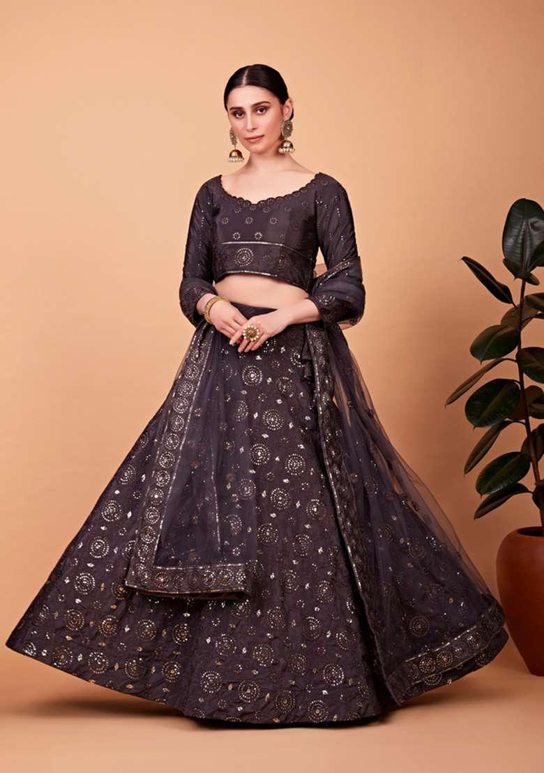 Grey Embroidery Work Silk Blend Lehenga Set for Diwali and Festive Wear - Indya