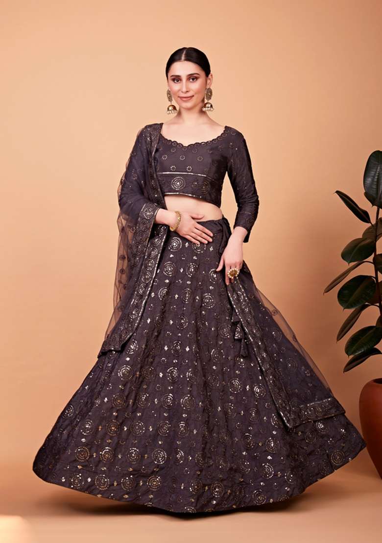 Grey Embroidery Work Silk Blend Lehenga Set for Diwali and Festive Wear - Indya