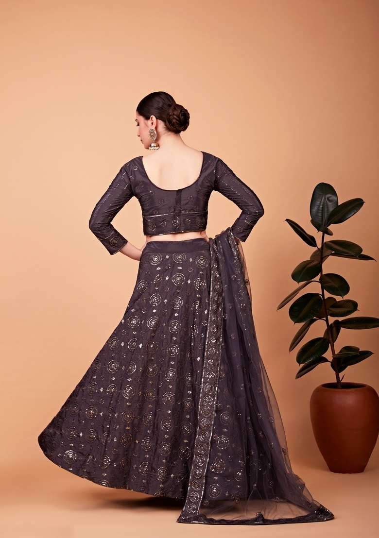 Grey Embroidery Work Silk Blend Lehenga Set for Diwali and Festive Wear - Indya