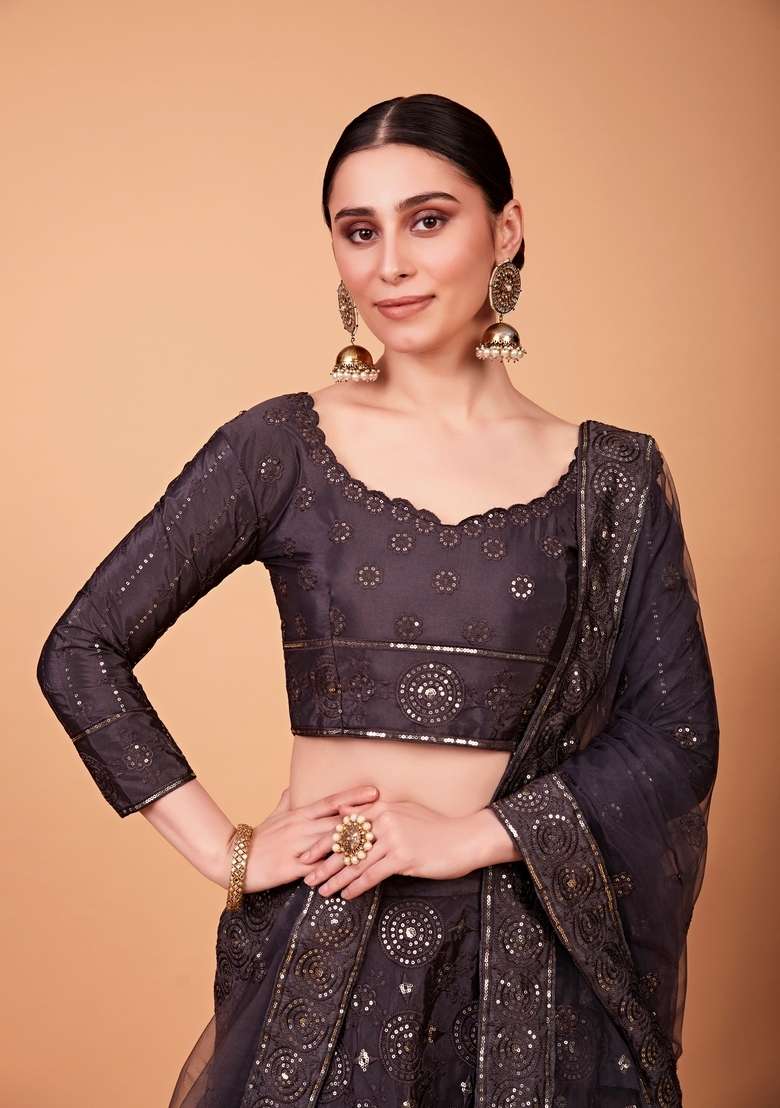 Grey Embroidery Work Silk Blend Lehenga Set for Diwali and Festive Wear - Indya