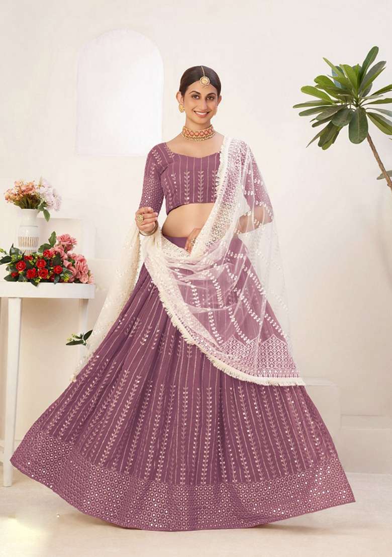 Lavender Embroidery Work Georgette Lehenga Set for Diwali and Festive Wear - Indya