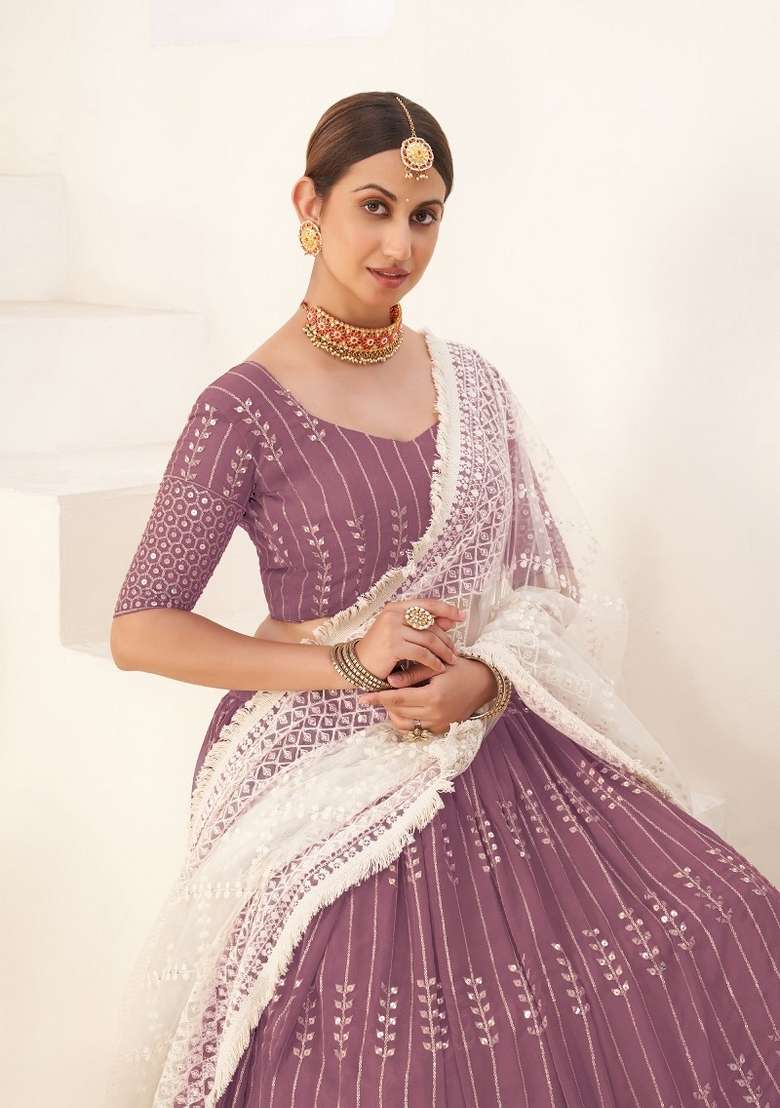 Lavender Embroidery Work Georgette Lehenga Set for Diwali and Festive Wear - Indya