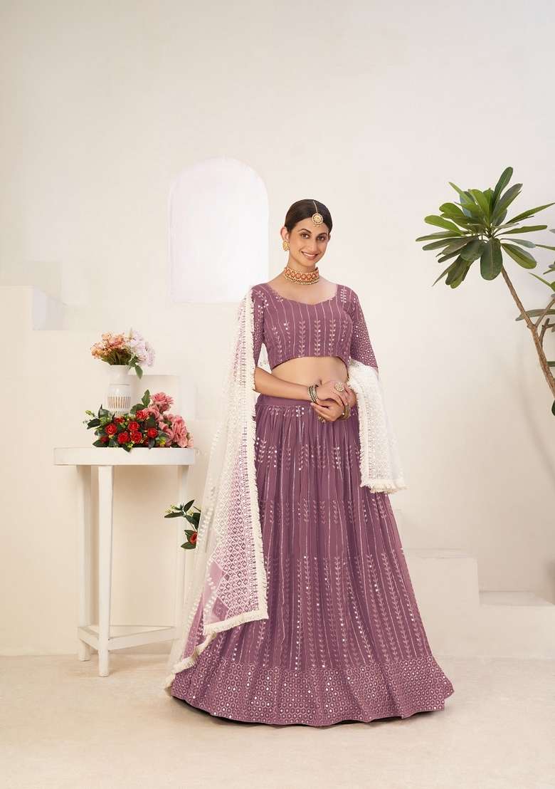 Lavender Embroidery Work Georgette Lehenga Set for Diwali and Festive Wear - Indya