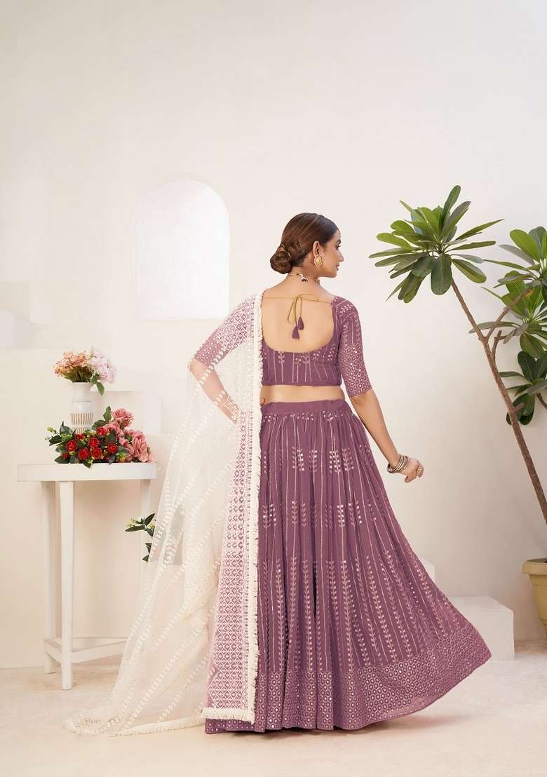 Lavender Embroidery Work Georgette Lehenga Set for Diwali and Festive Wear - Indya
