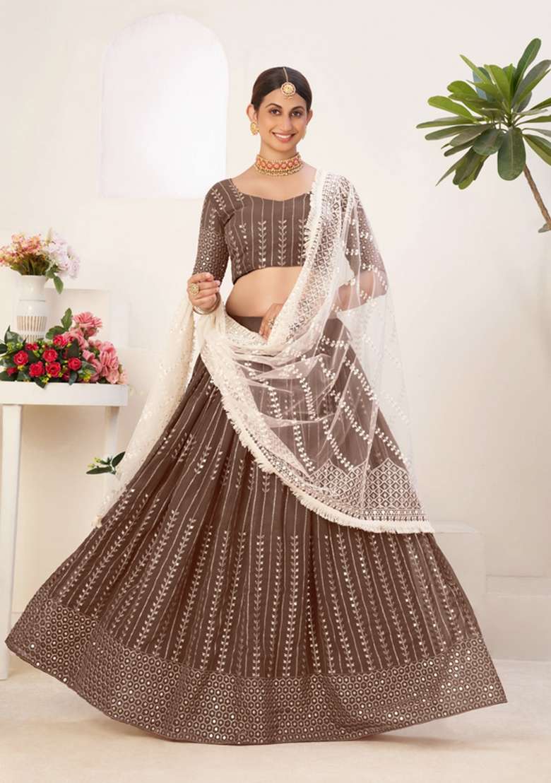 Brown Work Georgette Lehenga Set with Embroidery for Diwali | Wedding & Festive Wear - Indya
