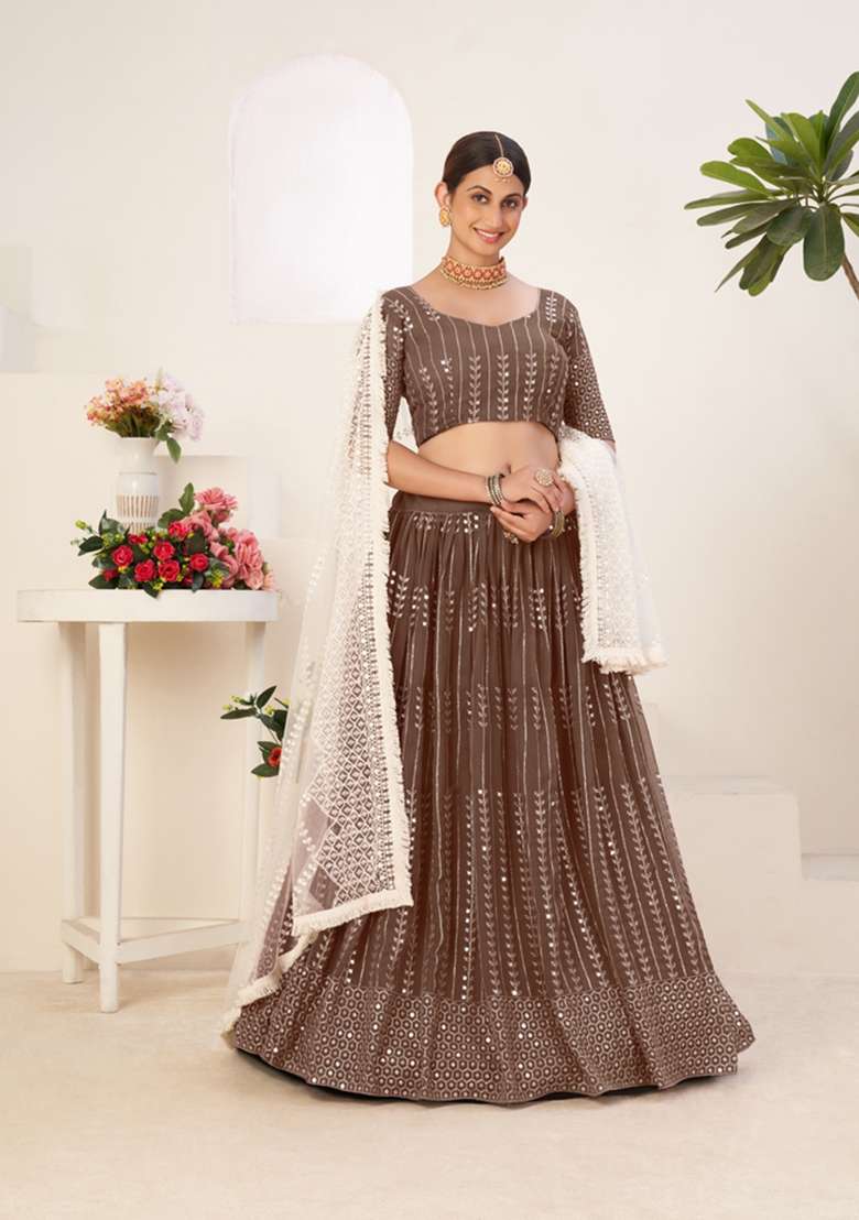Brown Work Georgette Lehenga Set with Embroidery for Diwali | Wedding & Festive Wear - Indya