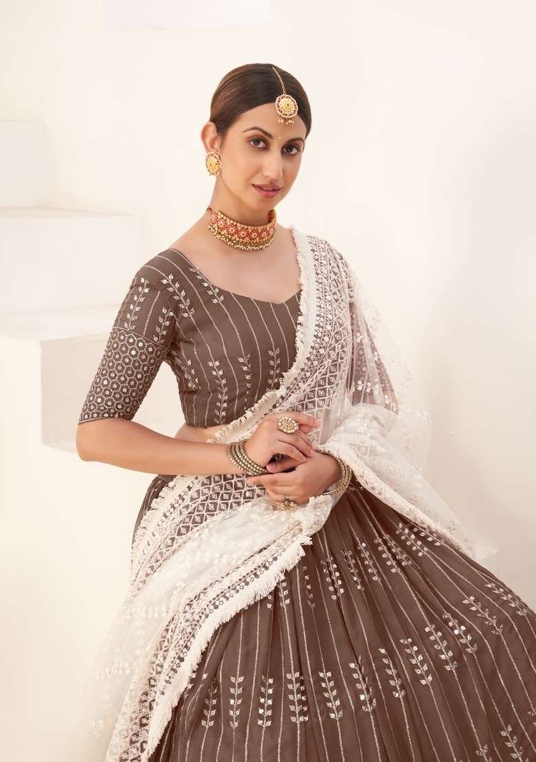 Brown Work Georgette Lehenga Set with Embroidery for Diwali | Wedding & Festive Wear - Indya