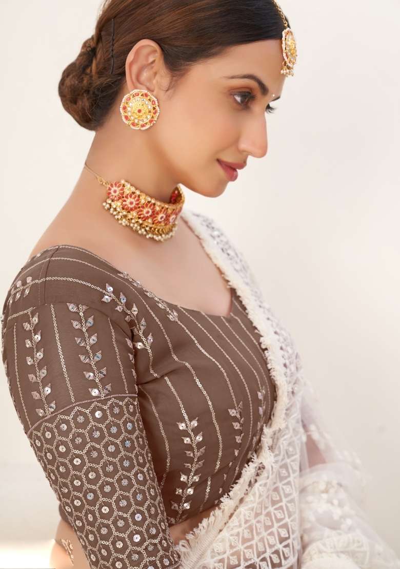 Brown Work Georgette Lehenga Set with Embroidery for Diwali | Wedding & Festive Wear - Indya