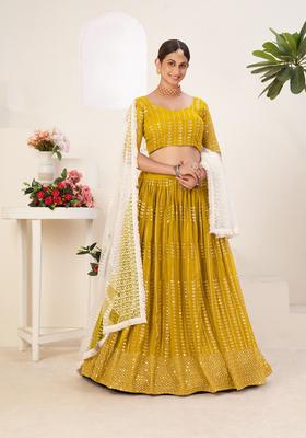 Mustard Embroidery Work Georgette Lehenga Set