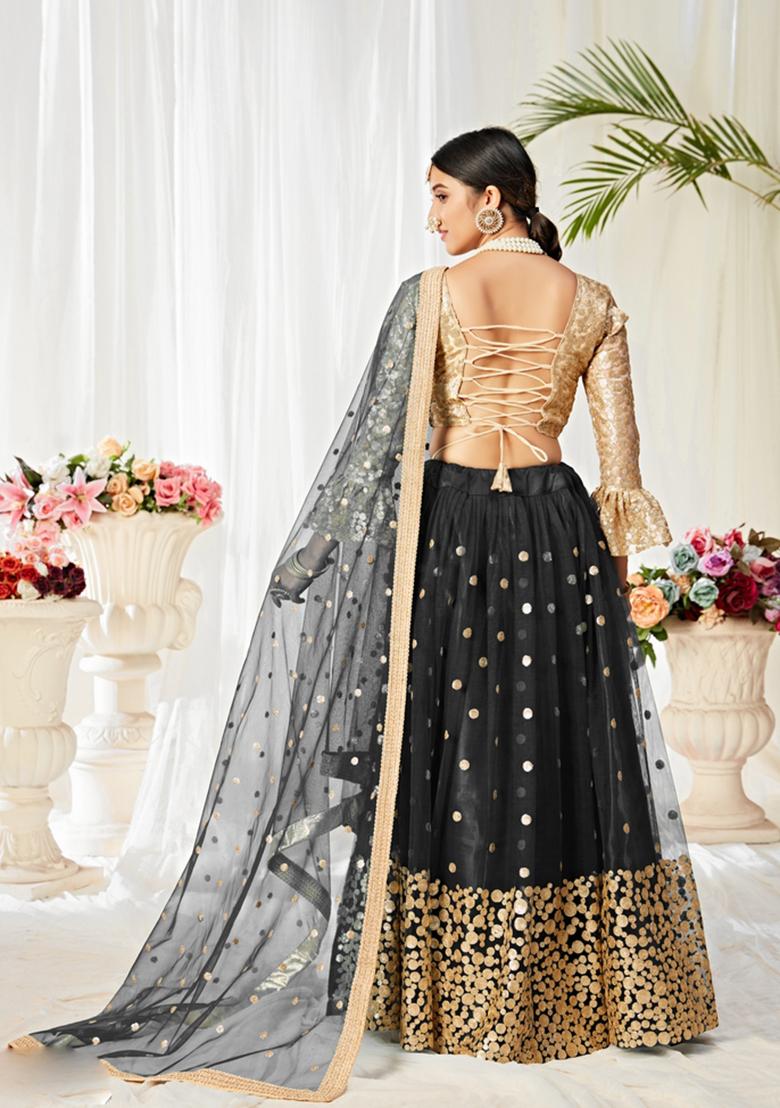 Black Embroidery Work Net Lehenga Set - Indya